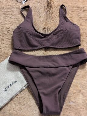 Berlook Women's Ribbed Scoop Bikini Set - Brown